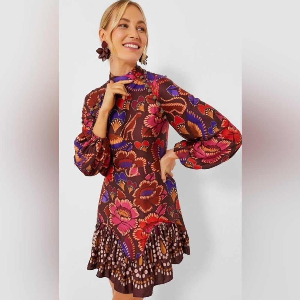 FARM Rio Brown Floral Mini Dress with Pink Red and Purple Accents